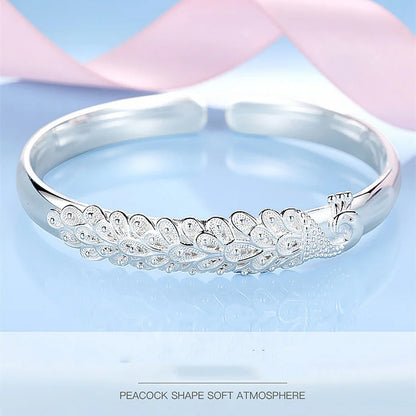 Pavão Pulseira de Abertura Feminina, Prata Esterlina 925, Pulseiras Elegantes, Acessórios Festa de Casamento, Joalheria Presente, Moda, Novo
