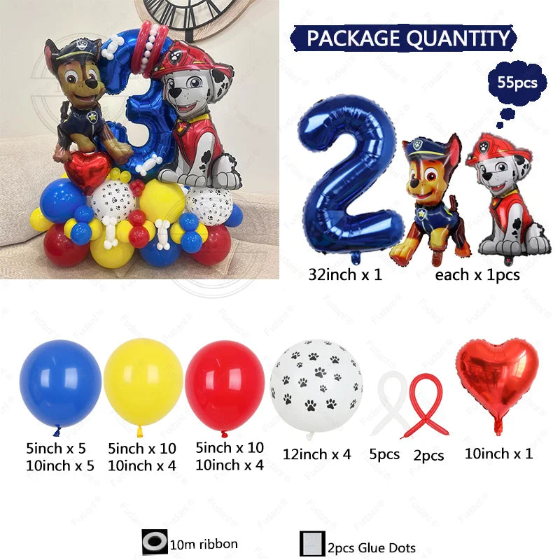 Paw Patrol Latex Balloon Decoration for Boy, Dog Paw Printing, Birthday Party Decorations, Blue Number, 55Pcs 