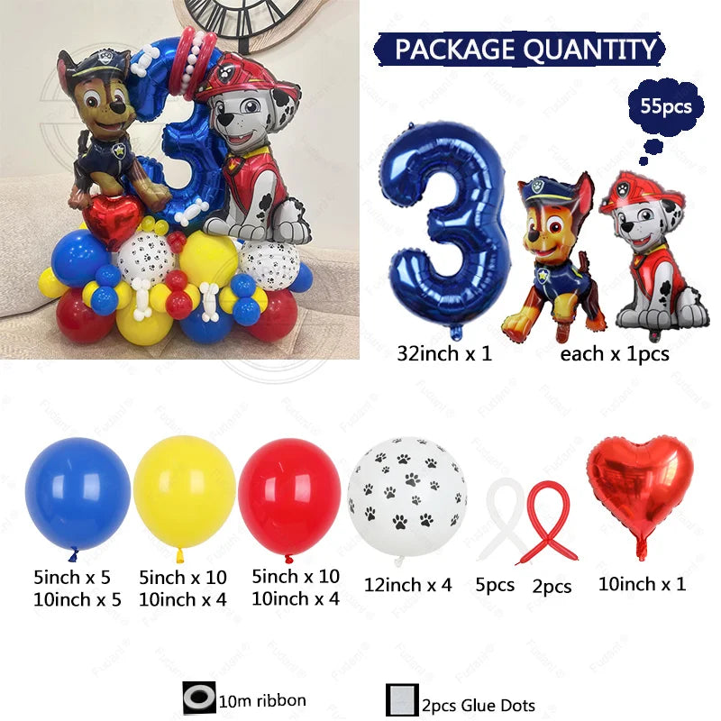 Paw Patrol Latex Balloon Decoration for Boy, Dog Paw Printing, Birthday Party Decorations, Blue Number, 55Pcs 