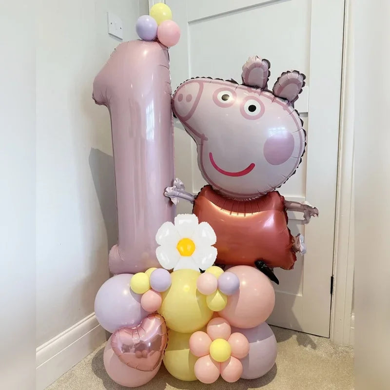 Peppa Pig Foil Balloon, Pink Number, Daisy Heart, Macaron Latex Globos for Girl, Birthday Party Decoration, 40", 39Pcs 