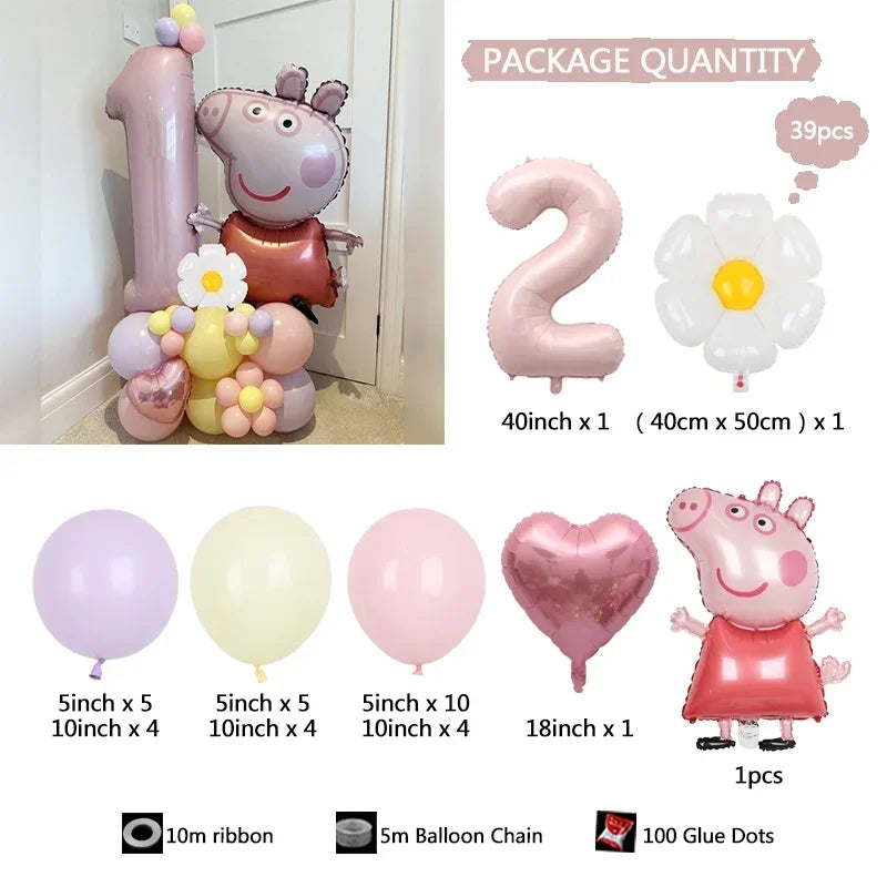 Peppa Pig Foil Balloon, Pink Number, Daisy Heart, Macaron Latex Globos for Girl, Birthday Party Decoration, 40", 39Pcs 
