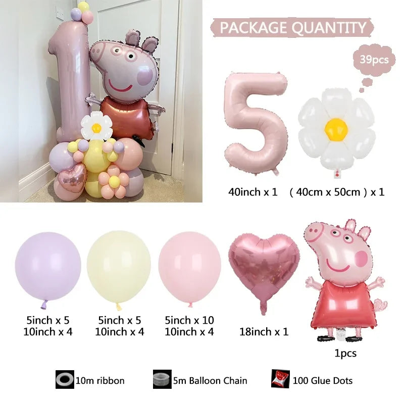 Peppa Pig Foil Balloon, Pink Number, Daisy Heart, Macaron Latex Globos for Girl, Birthday Party Decoration, 40", 39Pcs 