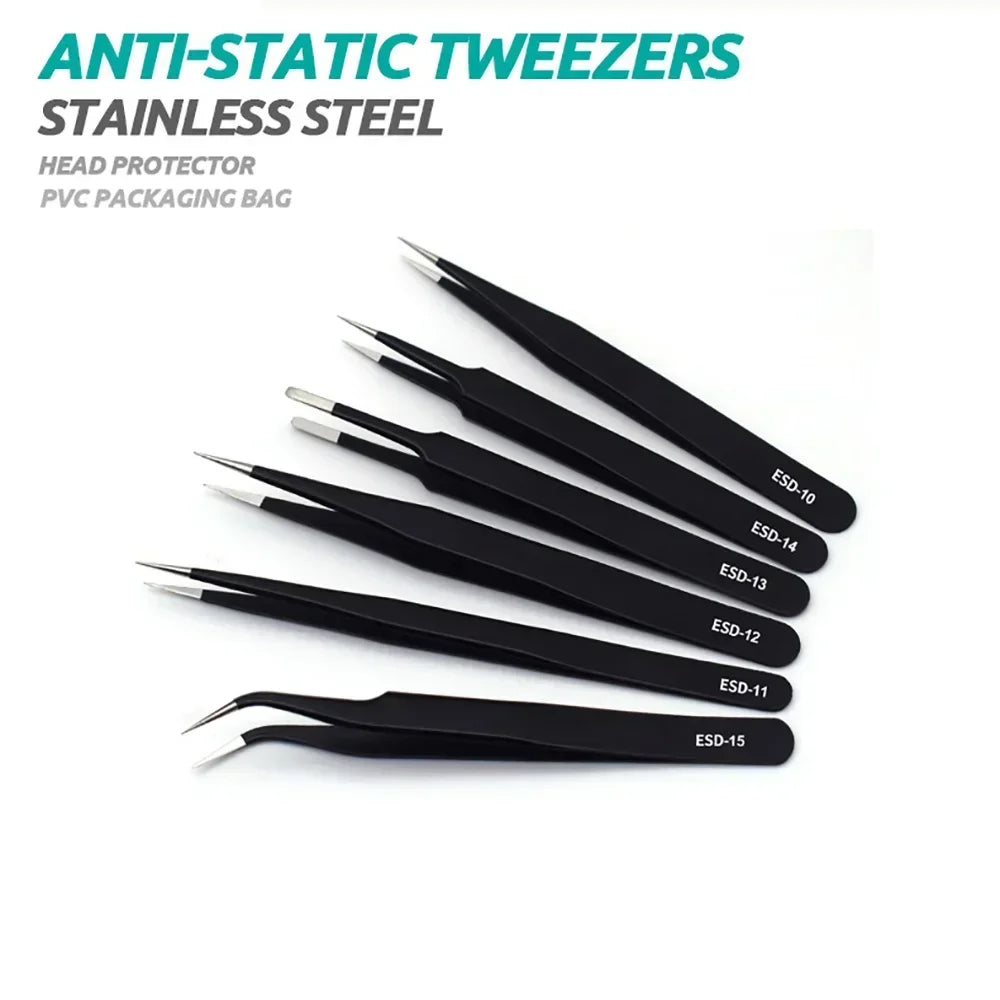 Pinzas antiestáticas ESD de acero inoxidable, herramienta curva de precisión para mantenimiento, reparación industrial, trabajo doméstico, modelo de herramienta manual. 