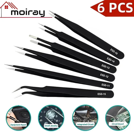 Stainless Steel ESD Anti-static Tweezers Precision Maintenance Industrial Repair Curved Tool Household Work Model Hand Tool 
