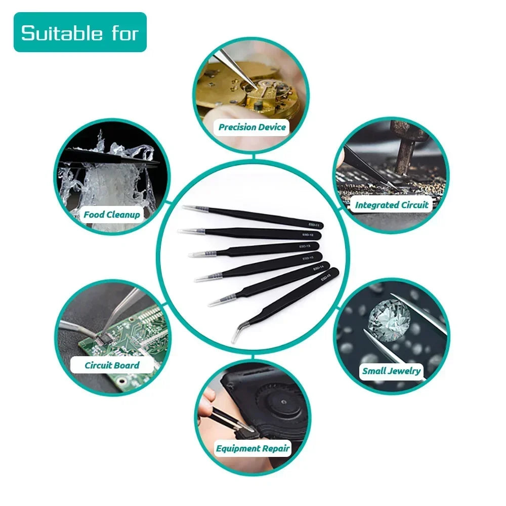 Pinzas antiestáticas ESD de acero inoxidable, herramienta curva de precisión para mantenimiento, reparación industrial, trabajo doméstico, modelo de herramienta manual. 