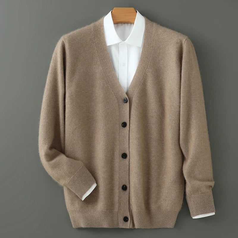 Plus size feminino outono inverno novo cardigan com decote em v topo 100% vison cashmere camisola de malha casual solto grande manga comprida topos