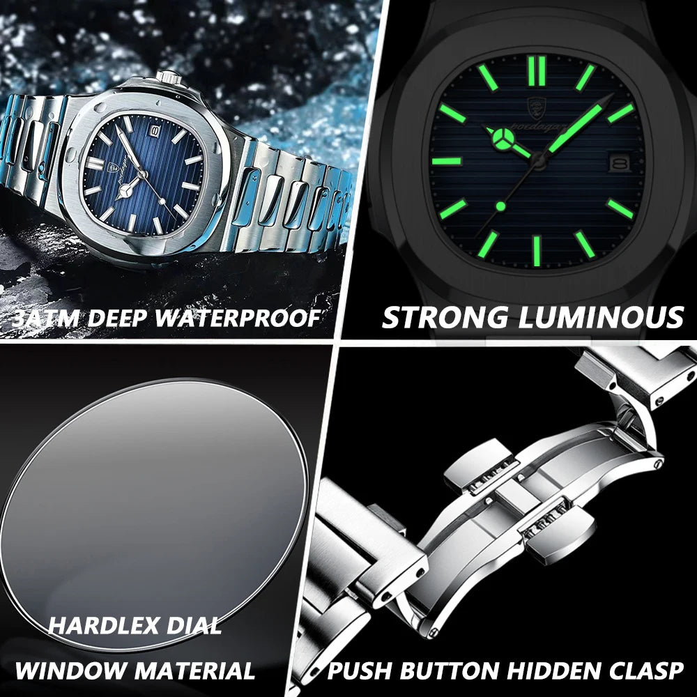 Poedagar-2022 New Luxury Quartz Watch Men Business Waterproof Watches Male Luminous Date Stainless Steel Square Watch 