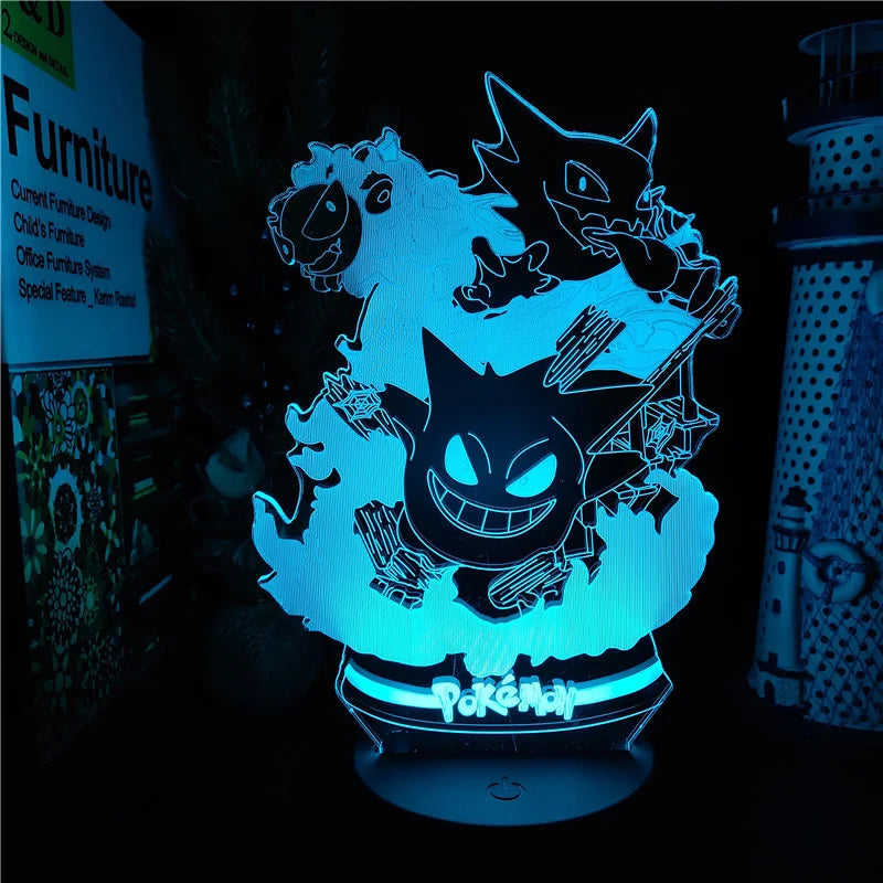 Pokémon Gengar Anime LED Night Light, Haunter Gastly, Lâmpada 3D, USB, Mudança de cor, Luminaria Ilusão, Candeeiros de mesa para dormir