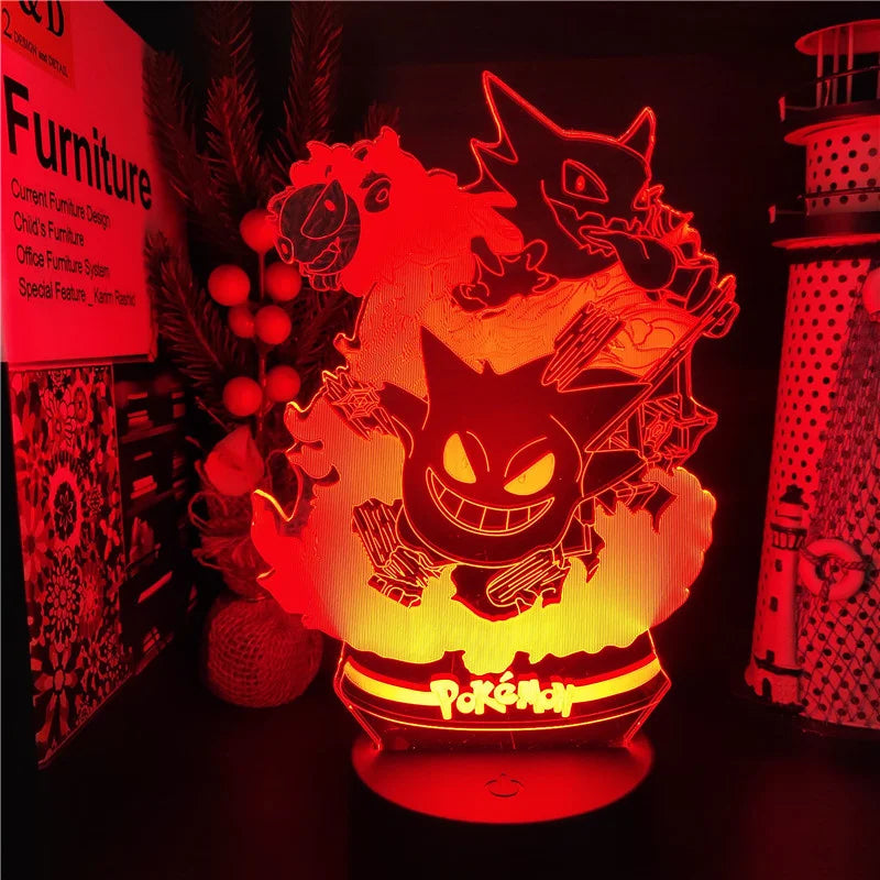 Pokémon Gengar Anime LED Night Light, Haunter Gastly, Lâmpada 3D, USB, Mudança de cor, Luminaria Ilusão, Candeeiros de mesa para dormir