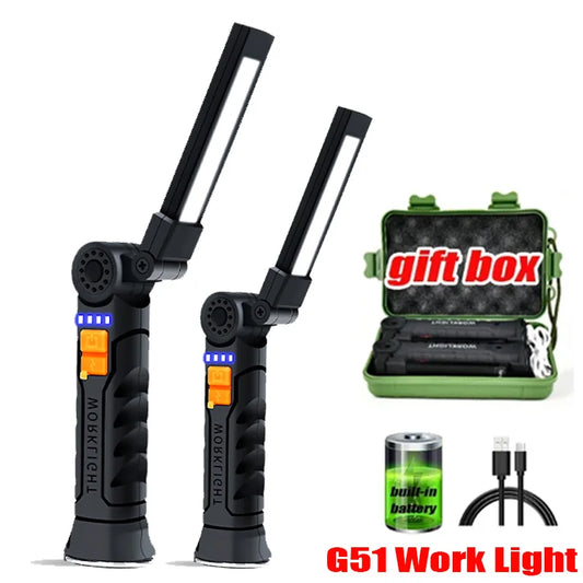 Luz de trabajo LED portátil multifuncional, recargable, impermeable, para acampar, linterna magnética con batería integrada, G51 