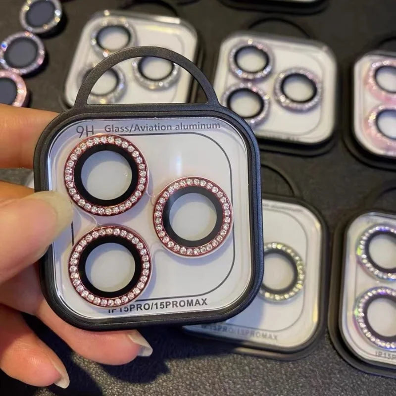Protector de lente de cámara con brillo de diamante, minicubierta trasera, anillo de vidrio, Fil, iPhone 12, 13, 14, 15 Pro Max, 14, 15 Plus 