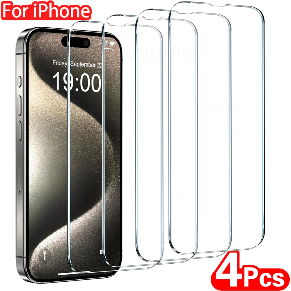 Protetor de Tela de Vidro Temperado para iPhone, Película Protetora, 15, 14, 13, 12, 11 Pro Max, 6, 7, 8 Plus, X, XS, XR, 4Pcs