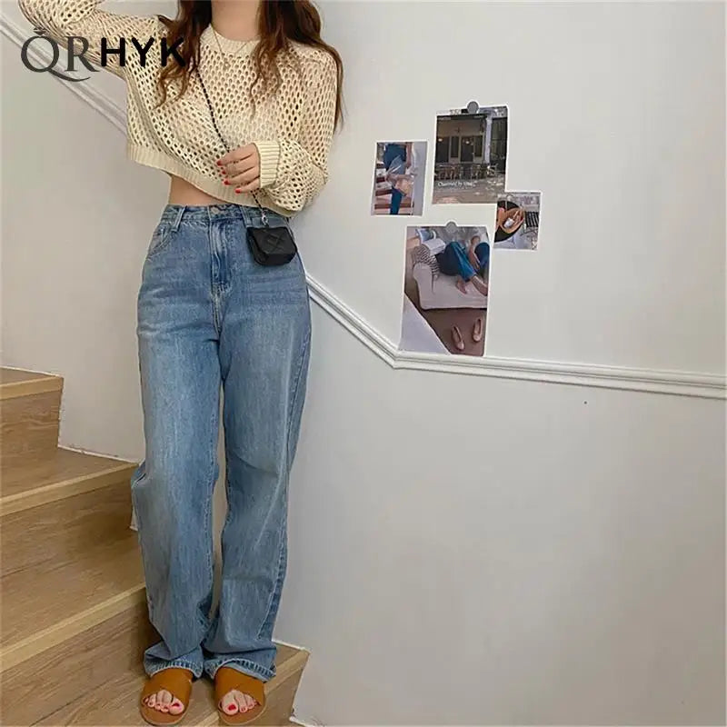 Hollow Out Knitted Pullovers for Women Round Neck Solid Casual Top Y2K 