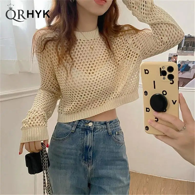Hollow Out Knitted Pullovers for Women Round Neck Solid Casual Top Y2K 