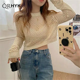 Hollow Out Knitted Pullovers for Women Round Neck Solid Casual Top Y2K 