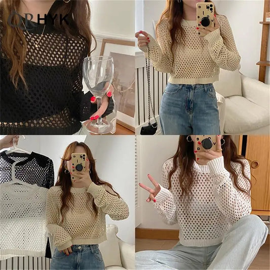 Pullovers de malha oco para mulheres, gola redonda, top casual sólido, Y2K