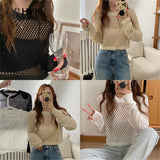 Hollow Out Knitted Pullovers for Women Round Neck Solid Casual Top Y2K 
