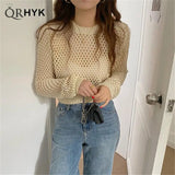 Hollow Out Knitted Pullovers for Women Round Neck Solid Casual Top Y2K 