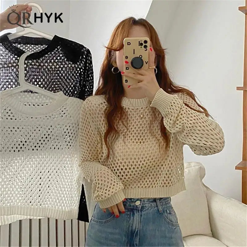 Hollow Out Knitted Pullovers for Women Round Neck Solid Casual Top Y2K 