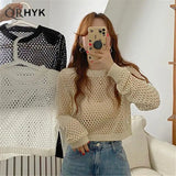 Hollow Out Knitted Pullovers for Women Round Neck Solid Casual Top Y2K 