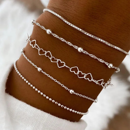 Pulseira Interlocking Corações para Mulheres, Cor Prata, Pulseira Retro, Joalheria Fina, Presente Festa de Casamento, Moda, Novo, 5 peças por conjunto