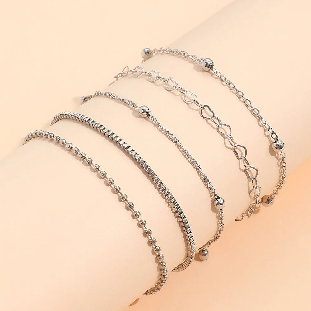 Pulseira Interlocking Corações para Mulheres, Cor Prata, Pulseira Retro, Joalheria Fina, Presente Festa de Casamento, Moda, Novo, 5 peças por conjunto