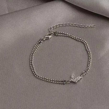 Pulseira borboleta de zircão brilhante para mulheres, anti-alérgica, corrente de cor prata, pulseira bling com selo, presente doce, 2023