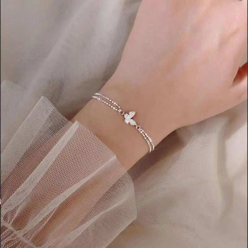 2023 Shiny Zircon Butterfly Bracelet For Women Anti-allergic Silver Color Chain Bling Bracelet With Stamp Sweet Gift 