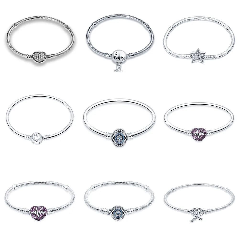 Original 925 Silver Bracelet Snake Chain 17-20 Evil Eye Heart Star Zircon For Charms Beads Pendant Anniversary Jewelry Making Gifts 