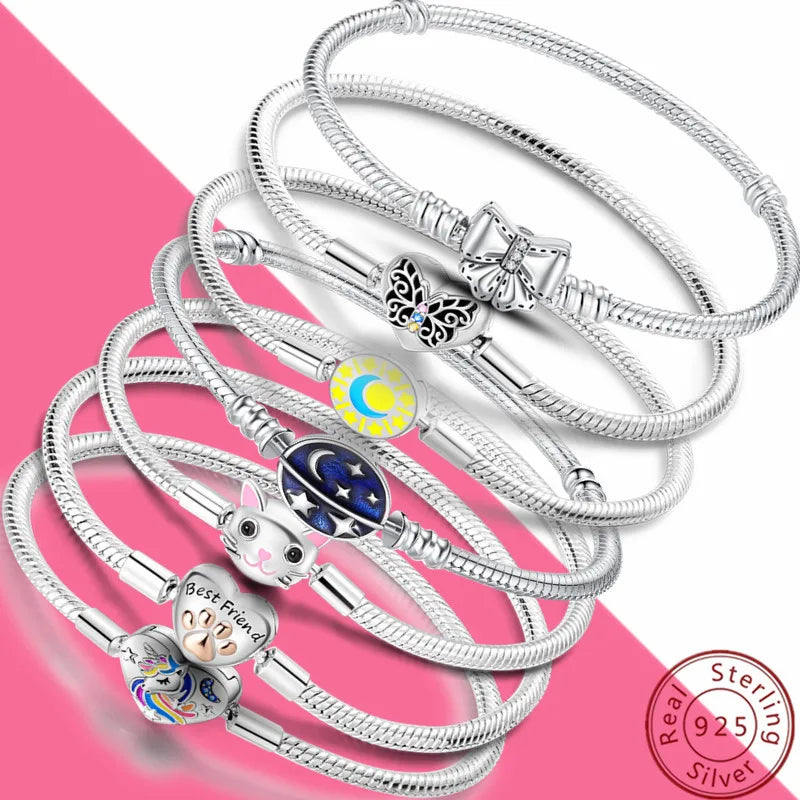 Original 925 Silver Bracelet Snake Chain 17-20 Evil Eye Heart Star Zircon For Charms Beads Pendant Anniversary Jewelry Making Gifts 