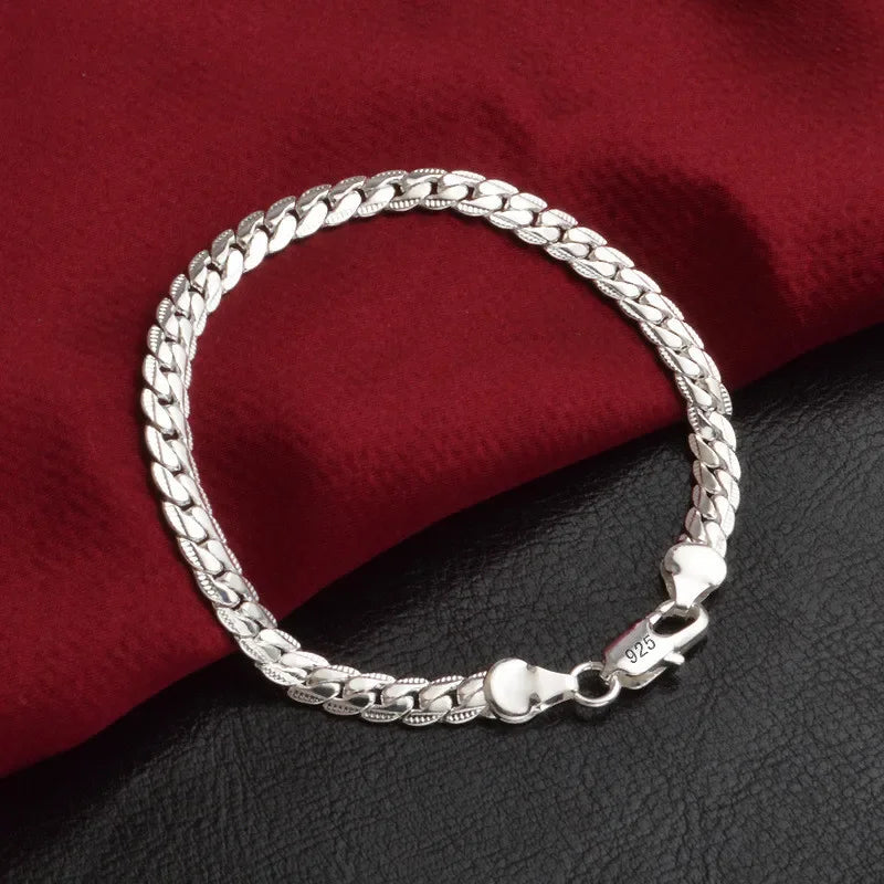 925 Sterling Silver Bracelet for Men Women Flat Side Chain Lobster Clasp Wedding Party Engagement Jewelry 5mm 20cm 