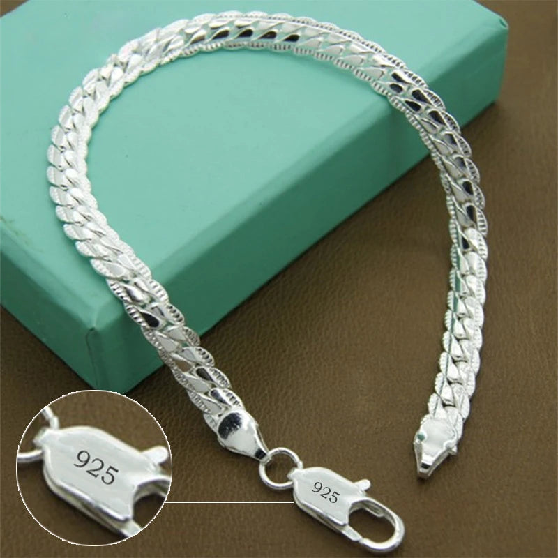 925 Sterling Silver Bracelet for Men Women Flat Side Chain Lobster Clasp Wedding Party Engagement Jewelry 5mm 20cm 