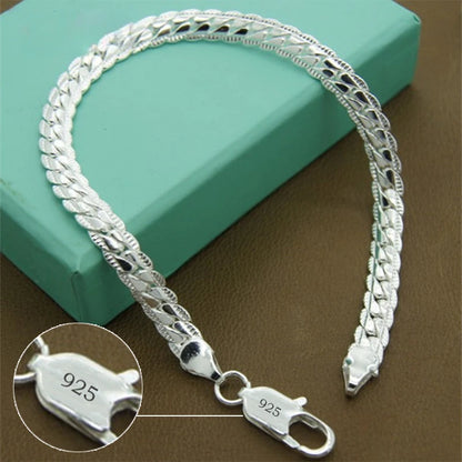 Pulsera de plata de ley 925 para hombre y mujer, cadena plana con cierre de langosta, ideal para bodas, fiestas y compromisos, 5 mm y 20 cm. 