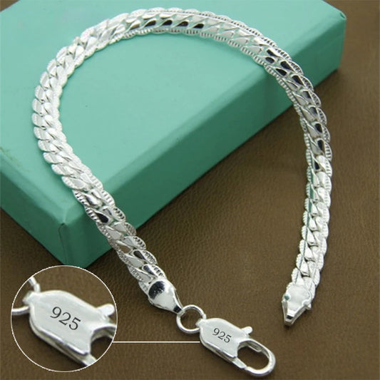 Pulsera de plata de ley 925 para hombre y mujer, cadena plana con cierre de langosta, ideal para bodas, fiestas y compromisos, 5 mm y 20 cm. 