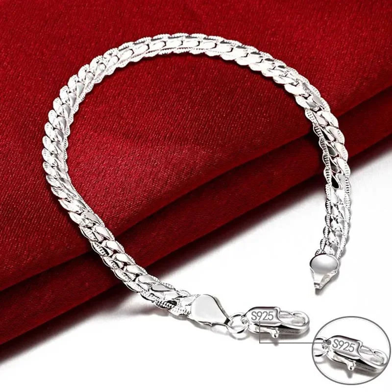 925 Sterling Silver Bracelet for Men Women Flat Side Chain Lobster Clasp Wedding Party Engagement Jewelry 5mm 20cm 