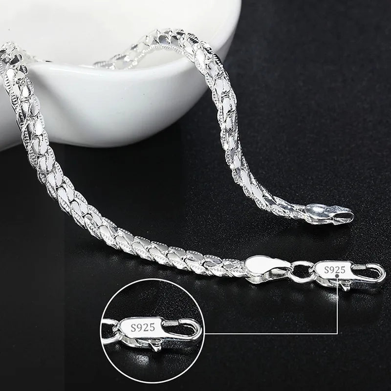 925 Sterling Silver Bracelet for Men Women Flat Side Chain Lobster Clasp Wedding Party Engagement Jewelry 5mm 20cm 