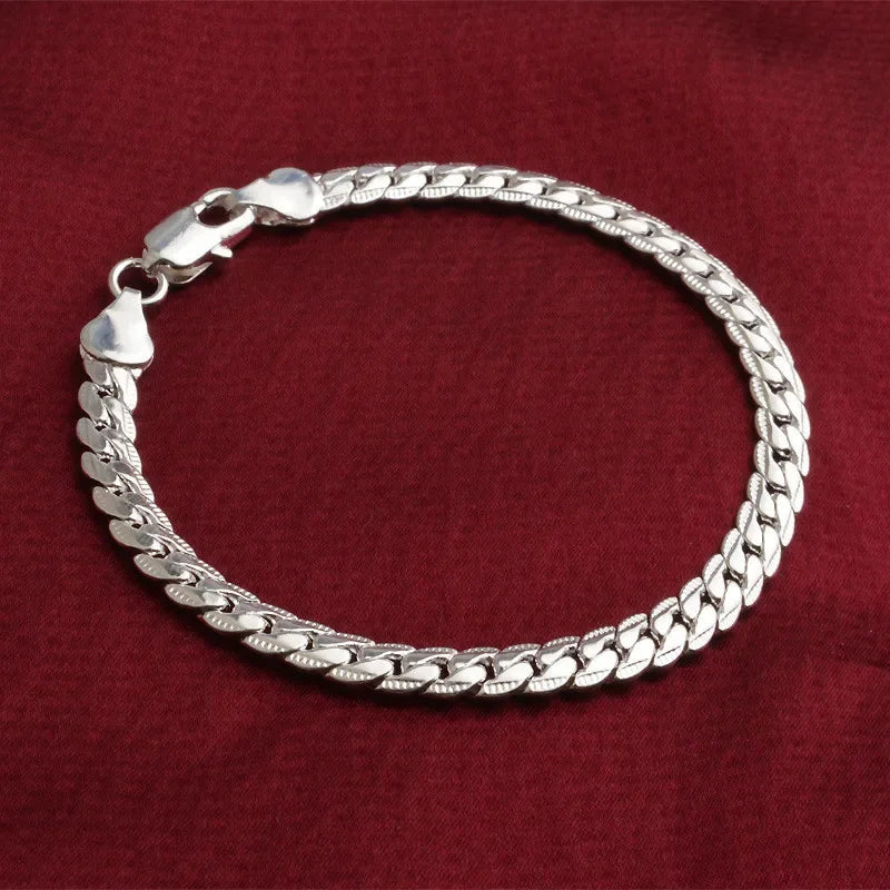 925 Sterling Silver Bracelet for Men Women Flat Side Chain Lobster Clasp Wedding Party Engagement Jewelry 5mm 20cm 