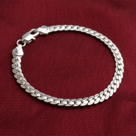 Pulsera de plata de ley 925 para hombre y mujer, cadena plana con cierre de langosta, ideal para bodas, fiestas y compromisos, 5 mm y 20 cm. 