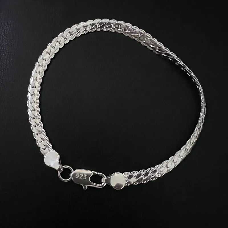925 Sterling Silver Bracelet for Men Women Flat Side Chain Lobster Clasp Wedding Party Engagement Jewelry 5mm 20cm 