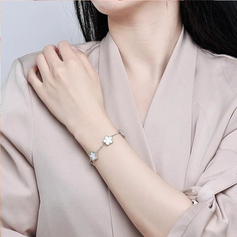 Stainless Steel Clover Bracelet for Women 14k Gold Silver Five Leaf Flower Delicate Lucky Link Bracelets Jewelry for Girls 