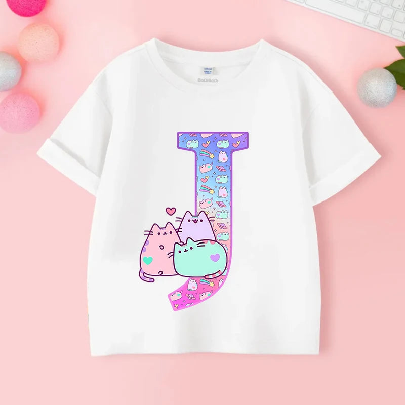 Pusheens Short Sleeve T-shirt for Girls from A to Z, Anime Cat, Summer Clothes, Outdoor Sport, New, Gift for Kids, Special Sale 