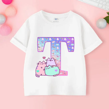 Pusheens Short Sleeve T-shirt for Girls from A to Z, Anime Cat, Summer Clothes, Outdoor Sport, New, Gift for Kids, Special Sale 