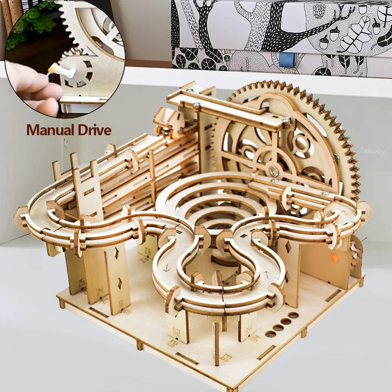 DIY 3D Wooden Puzzle Mechanical Hand Model Building Kits Toys Marble Race Run Set with 4 Balls for Adults Kids Gifts 