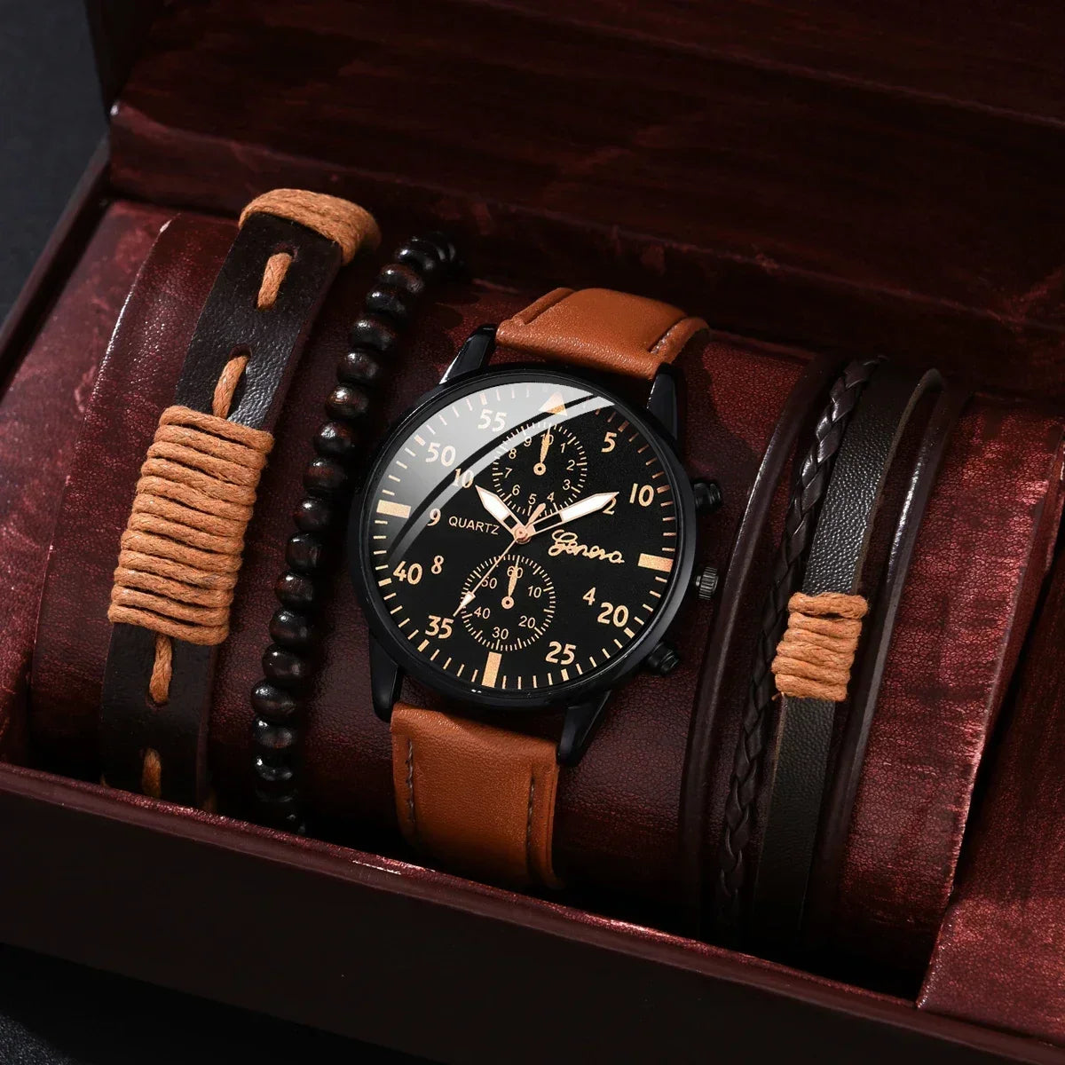 Reloj de pulsera de cuarzo para hombre, correa de cuero marrón, informal, de lujo, sin caja, 4 unidades, 2 unidades, 1 unidad 