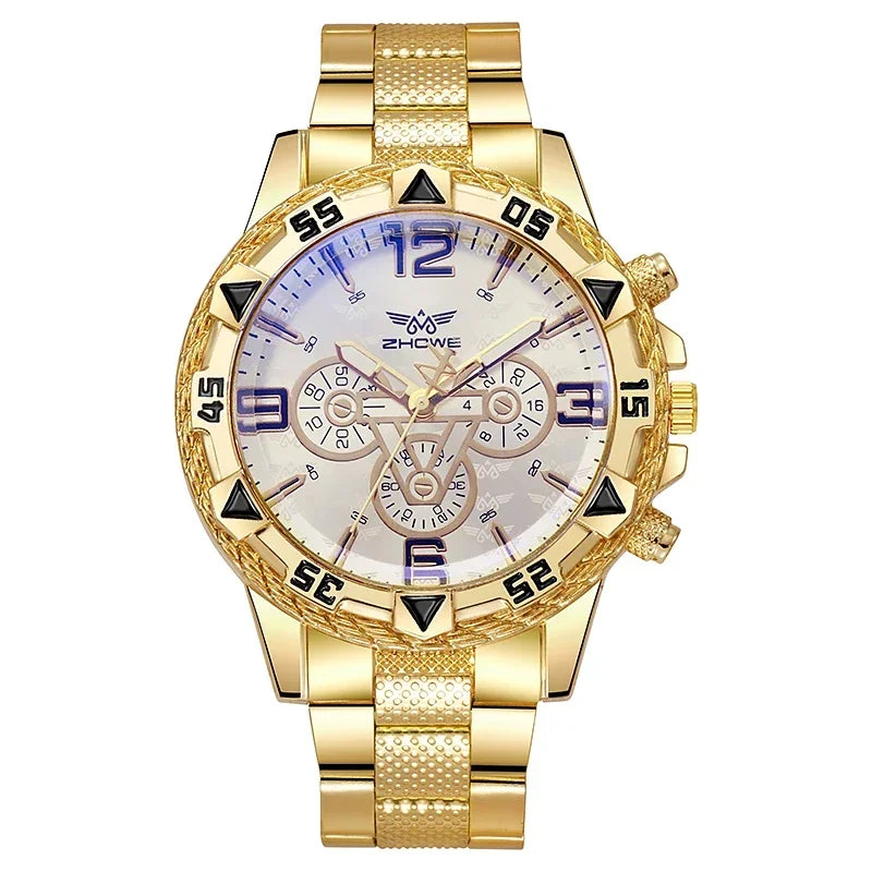 Men's large dial quartz watch steel strap blue light three eyes classic wristwatch luxury 