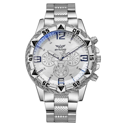 Relógio de quartzo com mostrador grande masculino, tira de aço, luz azul, três olhos, relógio de pulso clássico, luxo