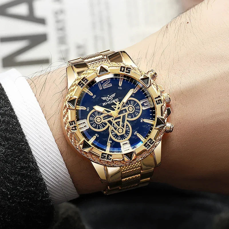 Men's large dial quartz watch steel strap blue light three eyes classic wristwatch luxury 