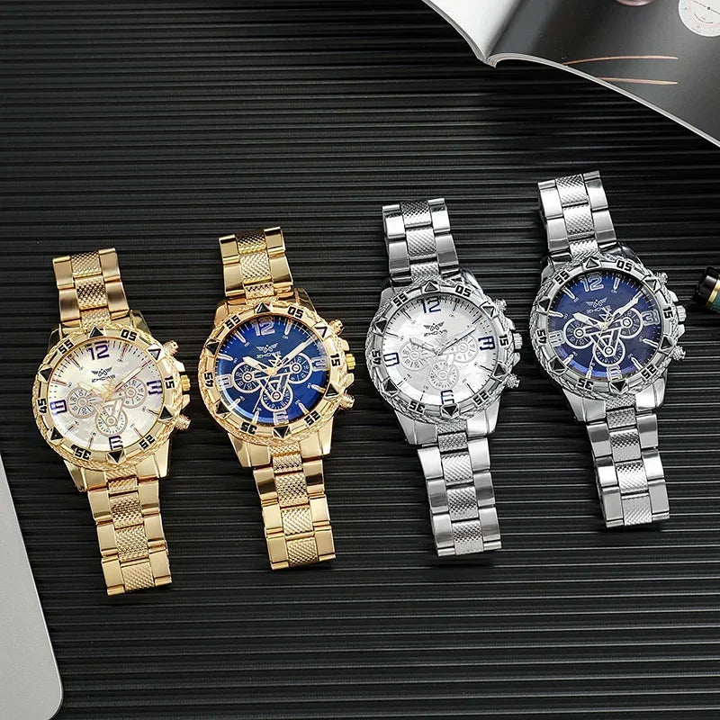 Men's large dial quartz watch steel strap blue light three eyes classic wristwatch luxury 