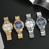Men's large dial quartz watch steel strap blue light three eyes classic wristwatch luxury 
