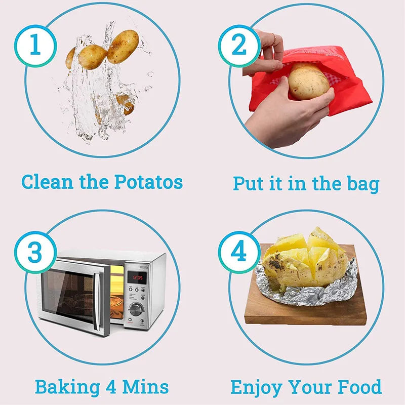 Bolsa reutilizable para microondas, bolsa roja horneada, exprés, papas perfectas, 4 minutos 